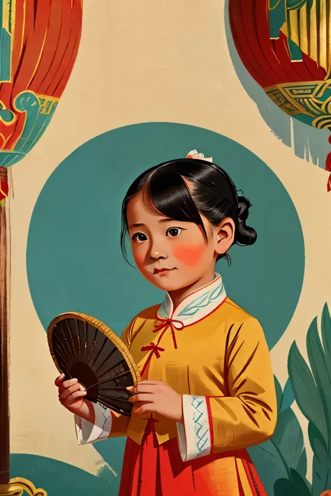 puwei, china, 1830. a little ((((7-year-old)) lily)), girl, with a ((fan)), ((((chinese clothings from the 1830s)))), ((short bo...