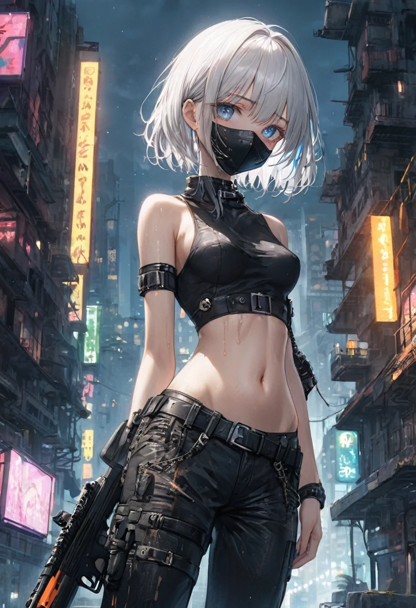 (Topless), ((Masterpiece)), ((Best Quality)),Ultra High Resolution, Caustics, Detailed, Beautiful Detailed Eyes, solo, (cyberpunk, post apocalyptic, ruins, night, neon lights, city), cowboy shot,18 year old beauty、(separate, ,shiny black pants, belt, waist pouch, holding a gun, navel, slender body, ideal ratio body proportions,oily skin, gleaming skin,sweat,medium breasts,icy blue eyes, (short hair)、medium hair, white hair,painful expression、standing, nipples, breasts, facemask, bare shoulders, bare breasts, straight bangs, side bangs