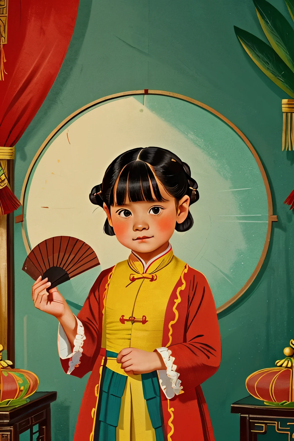 Puwei, China, 1830. A little ((((7-year-old)) Lily)), girl, with a ((fan)), ((((chinese clothings from the 1830s)))), ((short bob hairstyle of the 1830s)), ((colorful))