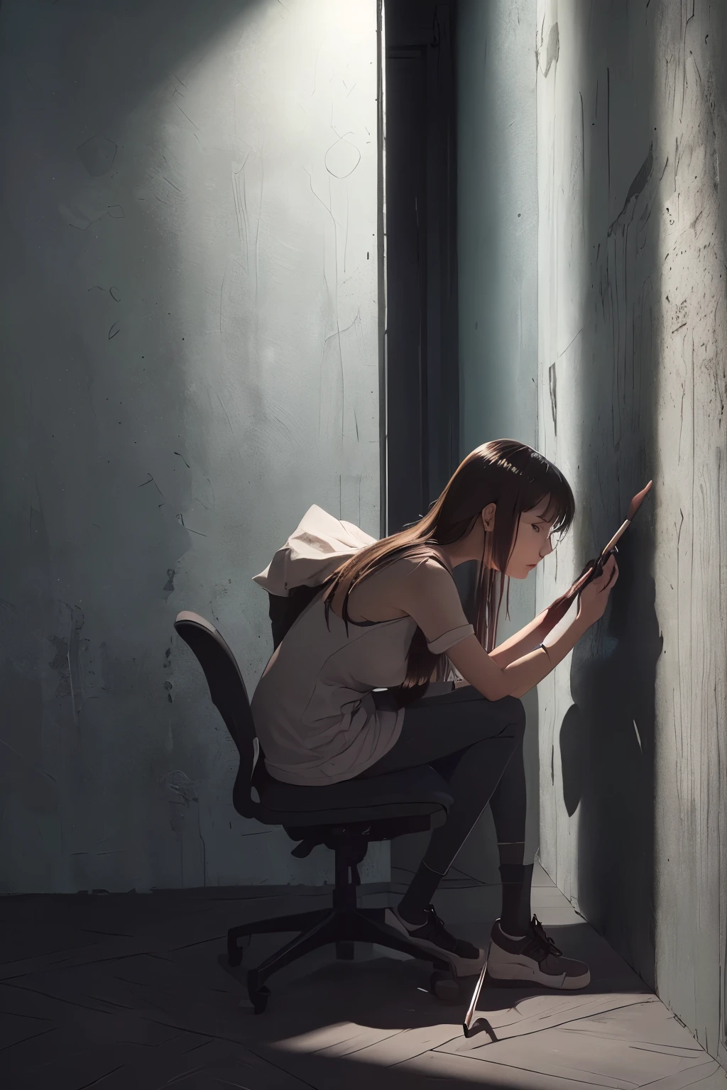 (masterpiece, best quality, 1girl, sitting, drawing, dark space, holding paintbrush, focused, dramatic lighting, highly detailed)), (((Pitch black space, Pitch black walls))), 