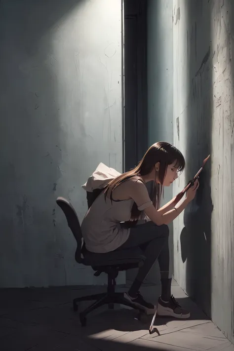 (masterpiece, best quality, 1girl, sitting, drawing, dark space, holding paintbrush, focused, dramatic lighting, highly detailed...