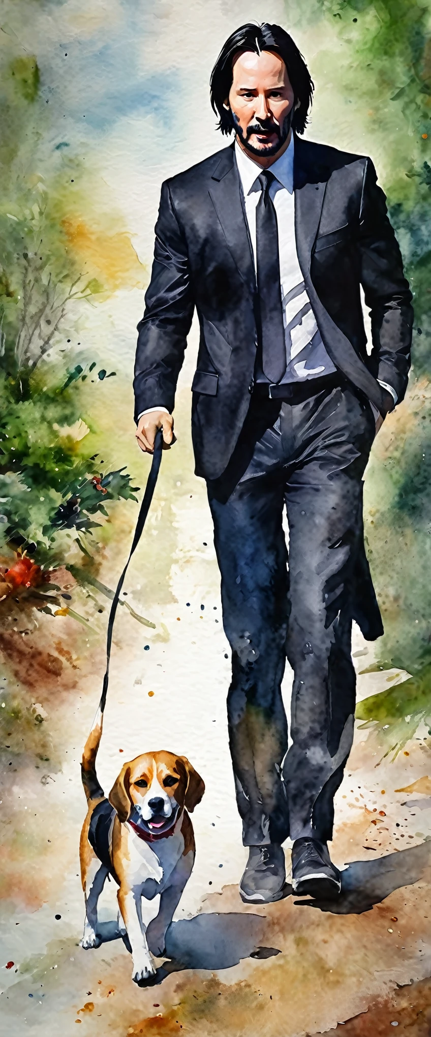 (Obra de arte:1.2, mais alta qualidade),(Super detalhado:1.2),8K,papel de parede,(aquarela),Pintura de homem de meia idade,(Keanu Reeves passeando com um beagle),todo o corpo,Estilo John Wick,frente,jaqueta preta,camisa branca,gravata preta.rosto detalhado,,cara legal