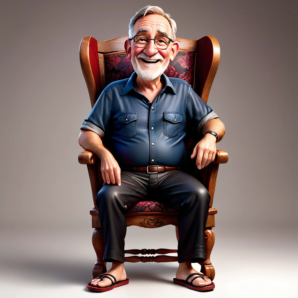 Crete Realistic 3D Caricature Disney pixar style full body with big head. 70 year old man, sitting relaxed in a classic wooden chair with dark red wing backs, the wood texture is clear. Wearing a traditional batik shirt, worn black cloth trousers. Wearing sandals. Sit with your legs crossed, your right hand holding a short wooden stick, your left hand placed on the edge of the chair. The background should contrast with the color of the chairs and clothes, thereby enhancing the overall composition of the picture. Use soft photographic lighting, dramatic overhead lighting, very high image quality, clear character details, UHD, 16k.