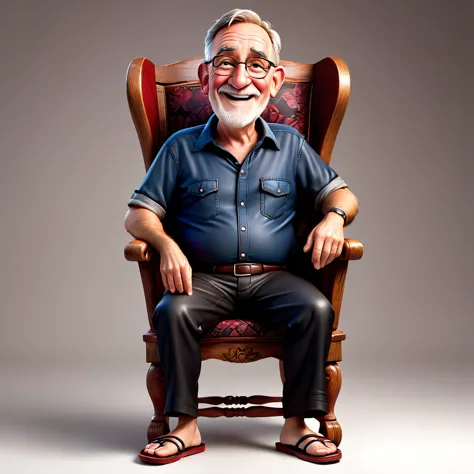 Crete Realistic 3D Caricature Disney pixar style full body with big head. 70 year old man, sitting relaxed in a classic wooden c...