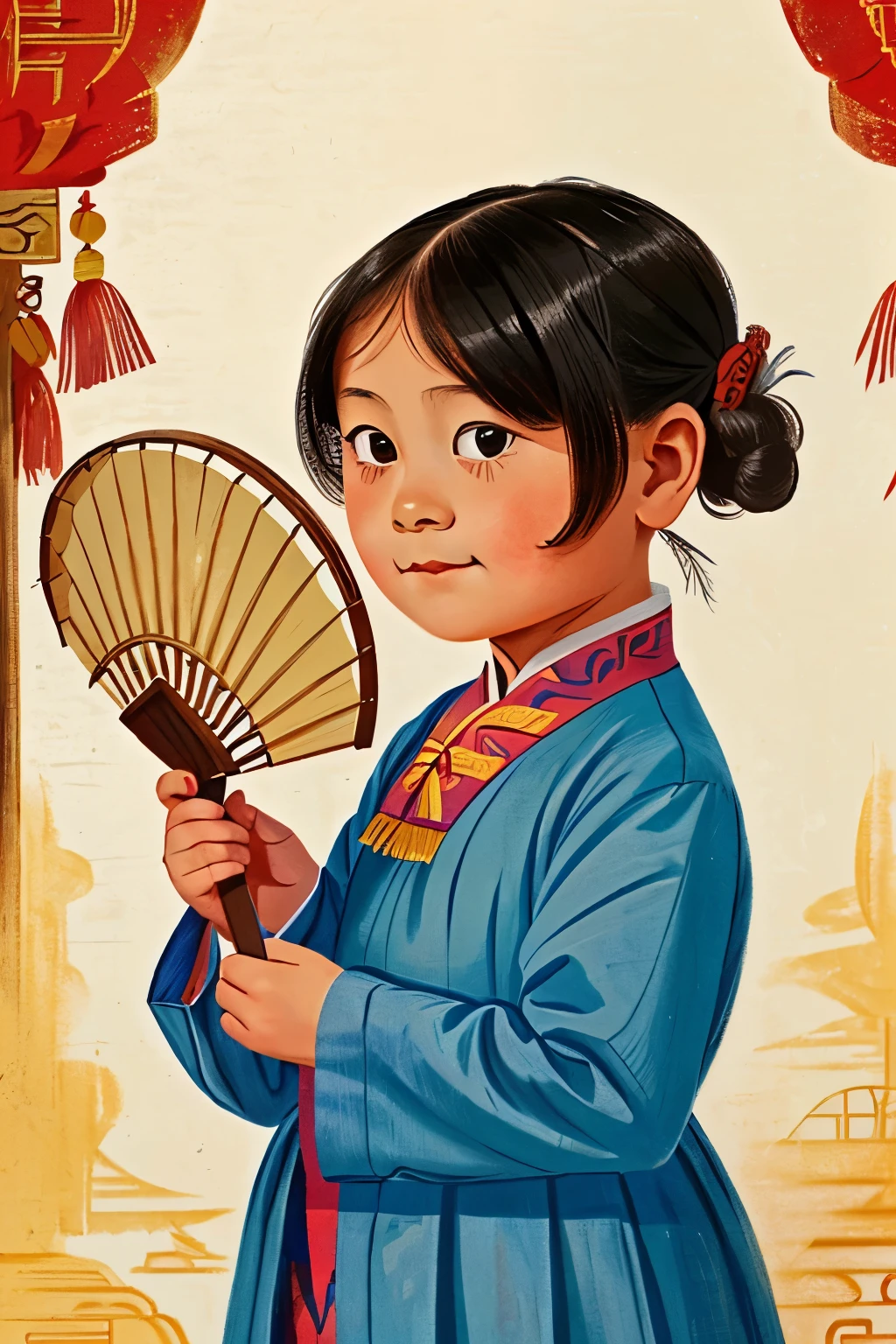 Puwei, China, 1830. A little ((((7-year-old)) Lily)), girl, with a ((fan)), ((((chinese clothings from the 1830s)))), ((short bob hairstyle of the 1830s)), ((colorful))