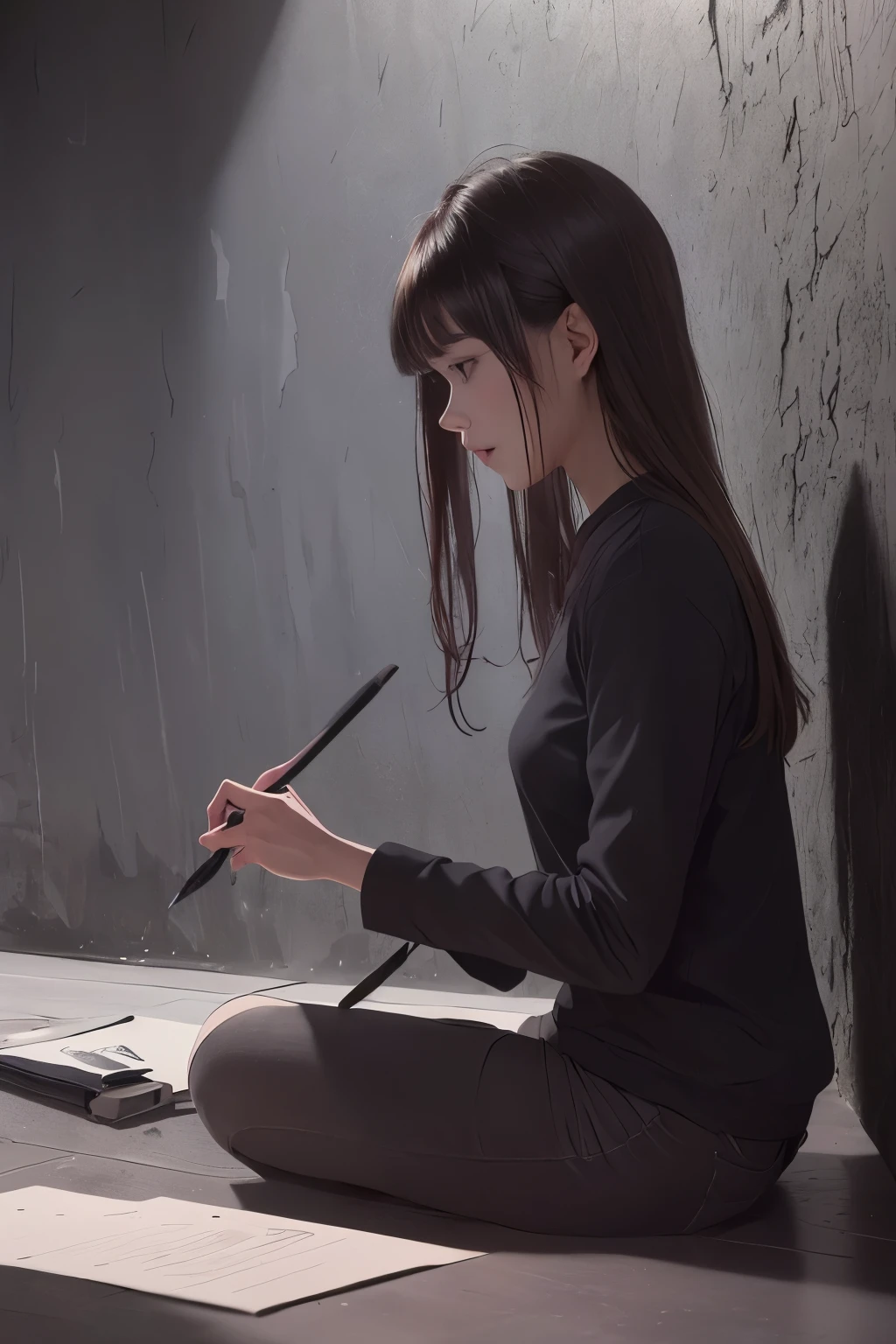 (masterpiece, best quality, 1girl, sitting, drawing, dark space, holding paintbrush, focused, dramatic lighting, highly detailed)), (((Pitch black space, Pitch black walls:1.5))), ((profile))