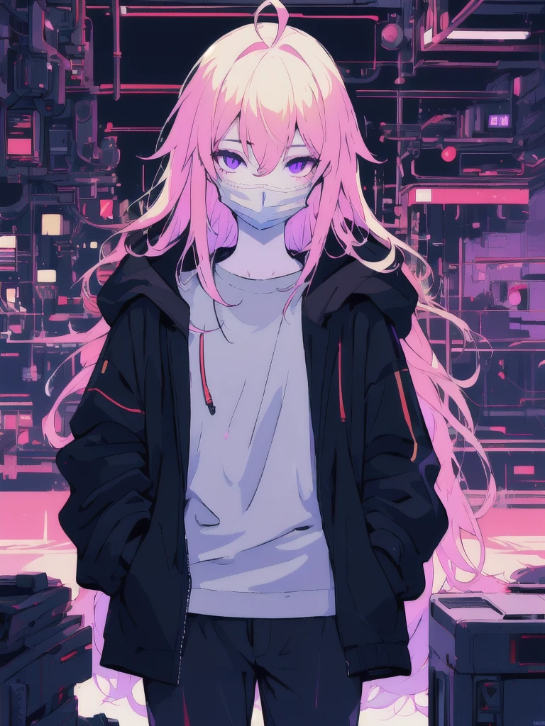 ((masterpiece)), (best quality), ((highres)), 4K, Detailed, (Ambient Light, Digital Art, Soft Lighting, extremely detailed 8K wallpaper:1.2), BREAK 1girl, solo, pale skin, violet eyes, violet hair, ahoge, (absurdly long hair:1.1), flat chest, cyberpunk scenery, black jacket, pants, shirt, night, hand in pocket, looking at viewer, hair between eyes, expressionless, rtx, neon light, black medical mask