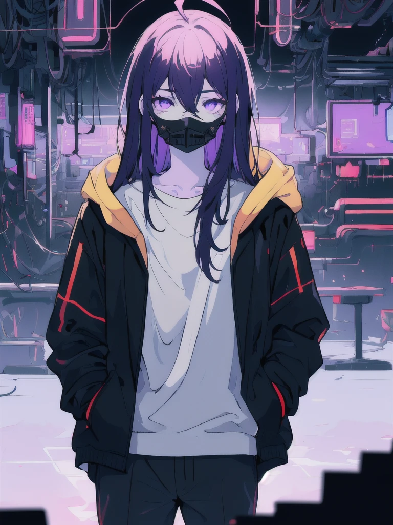 ((masterpiece)), (best quality), ((highres)), 4K, Detailed, (Ambient Light, Digital Art, Soft Lighting, extremely detailed 8K wallpaper:1.2), BREAK 1girl, solo, pale skin, violet eyes, violet hair, ahoge, (absurdly long hair:1.1), flat chest, cyberpunk scenery, black jacket, pants, shirt, night, hand in pocket, looking at viewer, hair between eyes, expressionless, rtx, neon light, black medical mask