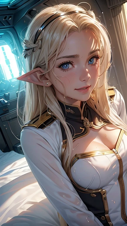 masterpiece, Highest quality, Highly detailed CG Unity 8k wallpaper,((whole body)), ((Bedroom inside the spaceship)), (Long pointed ears), Elegant long wavy platinum blonde hair, ((Average chest, Self-illuminating skin)), ((A revealing black-on-white military uniform)), ((Lie on your back, With legs apart, Genitals are visible)), (Sweaty and wet white skin), (Mechanical Circlet), (blush), , (Captivating smile), A cute, symmetrical face, Detailed eyes, Key Art, Awards, intricate detail realism hdr, Photorealism, Hyperrealism, Ultra-realistic, Dramatic Light, Strong Shadows, Nice views, Depth of written boundary