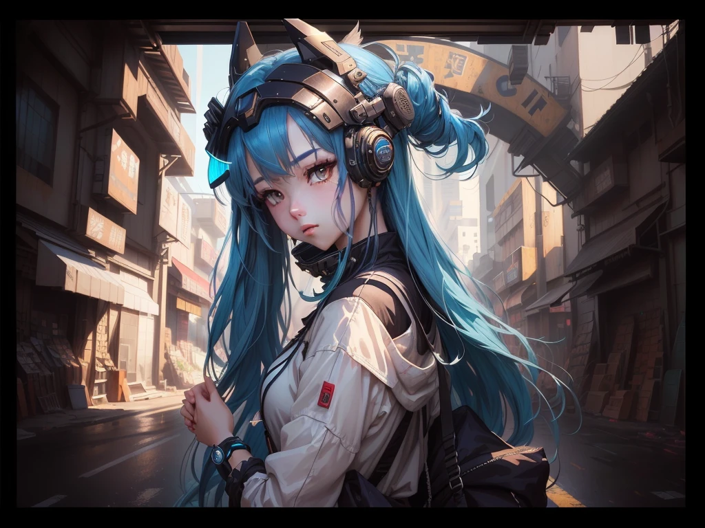 An anime girl with blue hair and a headpiece stands in front of a building, Anime Style 4k, everyone, by Yuumei, Anime style digital art, guweiz on pixiv artstation, Guweiz on ArtStation Pixiv, Gweiz-style artwork, Anime Art Wallpapers 8K, Digital Cyberpunk Anime Art, Heavy