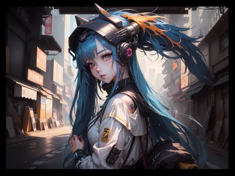 An anime girl with blue hair and a headpiece stands in front of a building, Anime Style 4k, everyone, by Yuumei, Anime style dig...
