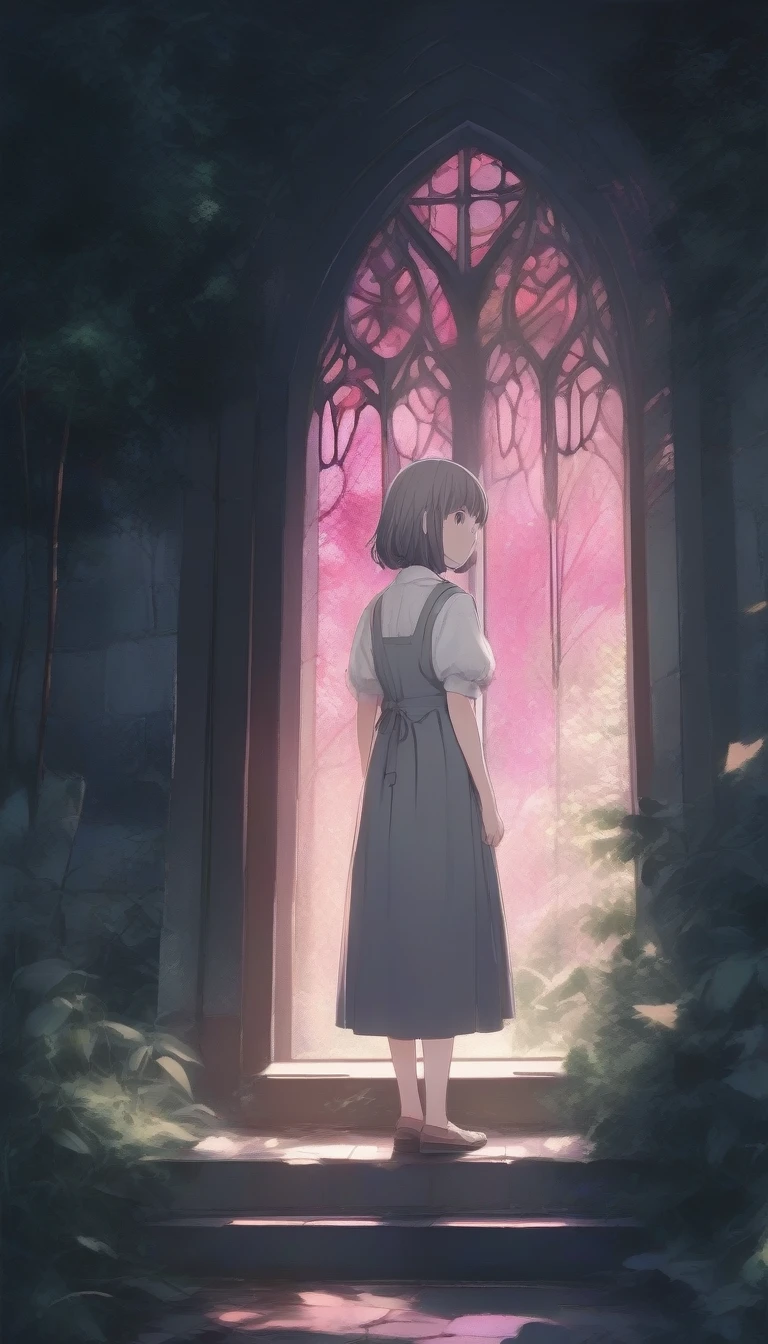 score_9, score_8_up, score_7_up, score_6_up, score_5_up, score_4_up, source_anime, beautiful and cute woman, innkeeper, cleaning up, long face, silvery bob cut, blunt bangs, droopy eyes, smirk, pink cheeks, in a dim forest, faint moonlight, inn entrance with stained glass, simple and simple, slightly scary picture book illustration style