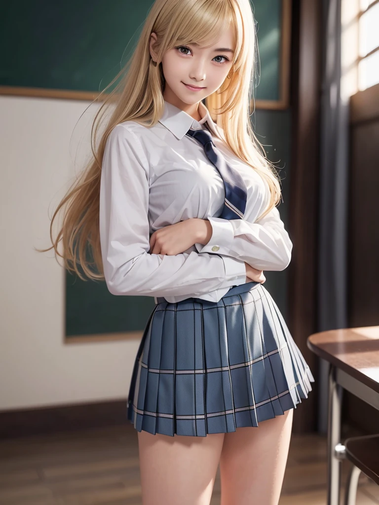 8K, Highest quality, The real picture, Intricate details, Very detailed, Ultra-high resolution, Depth Field,(Realistic,Realistic:1.2),Tabletop , ((Full Body Shot)) , ((Long, slender legs)), 1 girl, eye_Chan, Very beautiful 17 year old girl, innocent big eyes,、Beautiful breasts:1.5、非常に詳細なeye:1.2)、(Beautiful breasts:1.1)、((Blonde))、(Long Bob Hair), Asymmetrical bangs, Perfect Skin, Fair skin, Small breasts, Tight waist, alone, Staring at the audience, (smile)、((School_uniform), (White shirt、Wear a tie), (Blue checkered pleated micro mini skirt), ((Fold your arms in front of your chest and act arrogantly)), ((楽しそうなsmile)), ((Perfect hand shape))