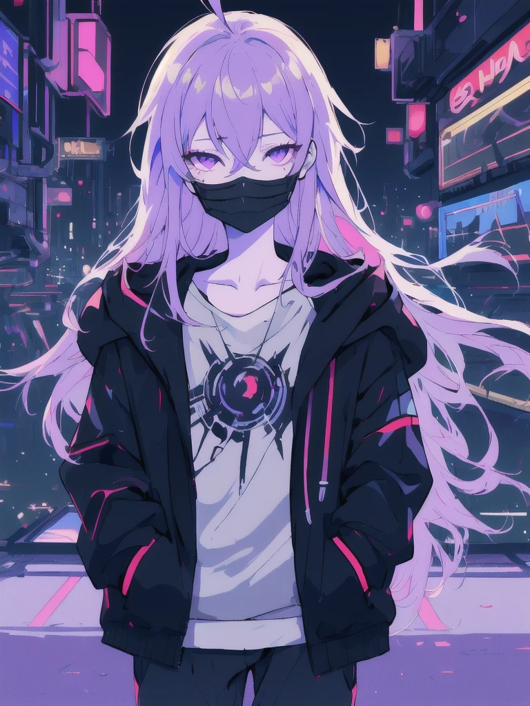 ((masterpiece)), (best quality), ((highres)), 4K, Detailed, (Ambient Light, Digital Art, Soft Lighting, extremely detailed 8K wallpaper:1.2), BREAK 1girl, solo, pale skin, violet eyes, violet hair, ahoge, (absurdly long hair:1.1), flat chest, cyberpunk scenery, black jacket, pants, shirt, night, hand in pocket, looking at viewer, hair between eyes, expressionless, rtx, neon light, black medical mask