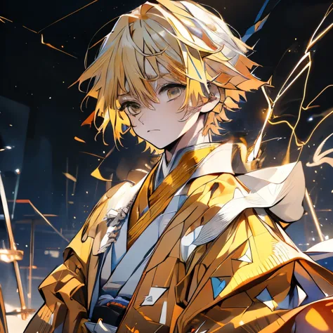 masterpiece、delicate eyes、zenith agatsuma、、yellow hair、yellow and brown eyes、serious face、japanese sword、(((lightning background...