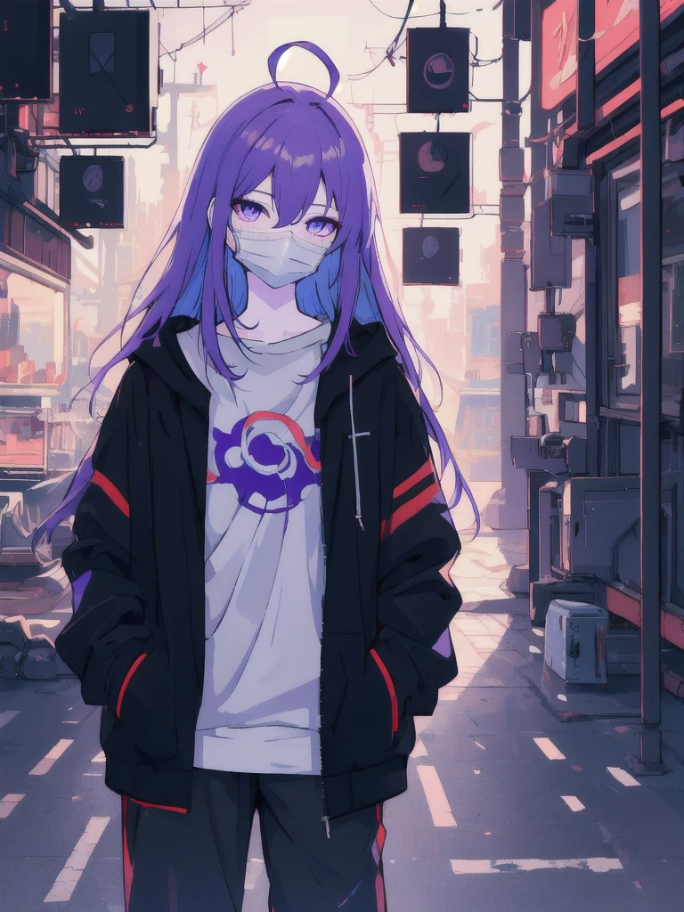 ((masterpiece)), (best quality), ((highres)), 4K, Detailed, (Ambient Light, Digital Art, Soft Lighting, extremely detailed 8K wallpaper:1.2), BREAK 1girl, solo, pale skin, violet eyes, violet hair, ahoge, (absurdly long hair:1.1), flat chest, cyberpunk scenery, black jacket, pants, shirt, night, hand in pocket, looking at viewer, hair between eyes, expressionless, rtx, neon light, black medical mask