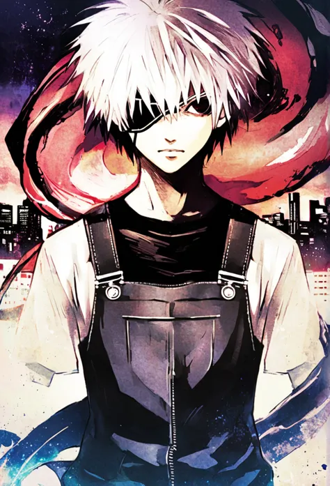 ```
ken kaneki, tokyo ghoul, white hair, black outfit, eyepatch, half-ghoul, serious expression, red kakugan eye, kagune tentacl...