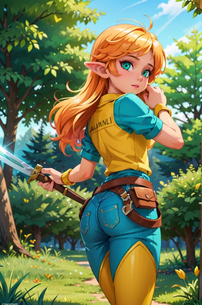 (masterpiece, top quality, best quality, official art, beautiful and aesthetic:1.2), (volumetric lighting), 1girl, solo, elf, warrior with melee weapon, standing, from behind, cowboy shot, looking back, nice hands, perfect hands, autumn forest, fantasy, sunny day, outdoors, nature, falling leaves ,  BREAK (masterpiece:1.2), best quality, high resolution, unity 8k wallpaper, (illustration:0.8), extremely detailed face, perfect lighting, extremely detailed CG, (perfect hands, perfect anatomy), (masterpiece, best_quality, ultra-detailed, immaculate:1.3), epic, illustration, render, 