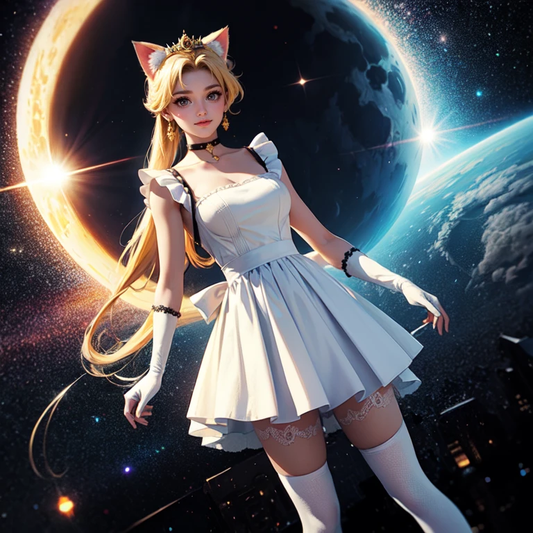 1girl, black maid dress, jewelry, blonde hair, flowing hair, long hair, twintails, white maid dress with a short skirt and layers, red laces, red boots, white dress with transparency, gold details on her clothes, cat ears, animal ears,  more details, perfectly body, perfectly hands, two hands, two legs, two arms, five fingers, glowing hair, best quality, tiara, cat ears, tail ornament, tail bow, white gloves, two cat tail, alone, maid headdress, choker, detached sleeves, maid dress, maid white dress, strapless, masterpeice, best quality, detailed face, night, asymmetrical gloves, bangs, white short skirt, earrings, elbow gloves, fishnet thighhighs, fishmasterpeice, solo, best quality, detailed face, gloves, hair between eyes, jewelry, looking at viewer, single earring, sky, sleeveless, solo, thigh boots, thighhighs, tongue, tongue out, uneven gloves, solo, alone, Looking at the viewer, More details on the clothes, magenta roses on her hair, space scenery, maid, maid dress, magenta details, magenta roses, maid headdress, maid apron, wave hair, seat on the Saturn rings, more details on her clothes, gold details on her clothes, space, smiling, standing her hand to a viewer, looking at the viewer, in the background a several asteroids glowing with fiery auras, Dramatic lighting from distant stars and planets illuminates the scene, looking at the vast and mysterious universe, cowboy shot, upper body portrait, more details, sparkle,