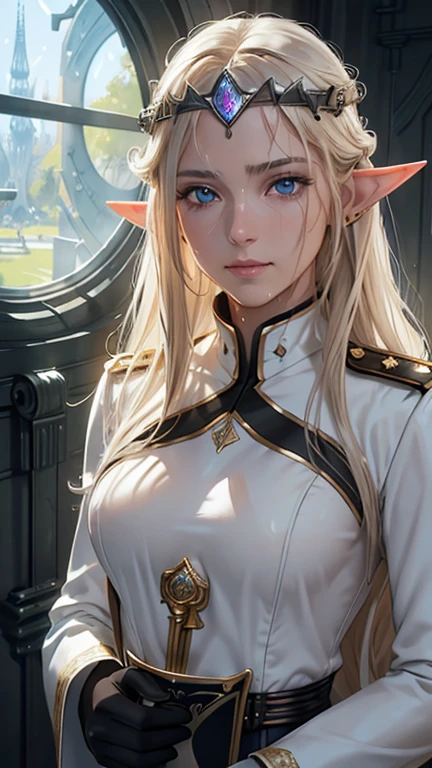 masterpiece, Highest quality, Highly detailed CG Unity 8k wallpaper,((whole body)), ((Bedroom inside the spaceship)), (Long pointed ears), Elegant long wavy platinum blonde hair, ((Average chest, Self-illuminating skin)), ((A revealing black-on-white military uniform)), (Sweaty and wet white skin), (Mechanical Circlet), (blush), , (Captivating smile), A cute, symmetrical face, Detailed eyes, Key Art, Awards, intricate detail realism hdr, Photorealism, Hyperrealism, Ultra-realistic, Dramatic Light, Strong Shadows, Nice views, Depth of written boundary