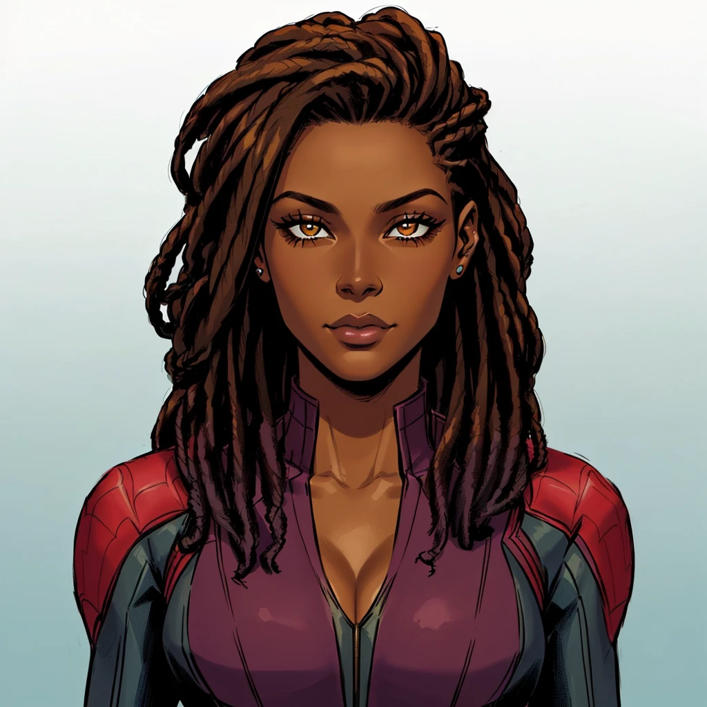 Un primer plano de una mujer con rastas y un traje., inspirado en Daphne Allen, dina drake, retrato de ororo munroe, ( ( piel oscura ) ), ( ( mujer araña ) ), ilustración a todo color, amanda clark, phil noto, Wanda Maximoff, ilustración coloreada, sin texto, piel de oliva, afrofuturistic, julie dillon