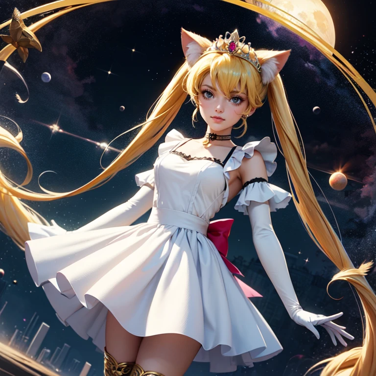 1girl, white maid dress, jewelry, blonde hair, flowing hair, long hair, twintails, white maid dress with a short skirt and layers, red laces, red boots, white dress with transparency, gold details on her clothes, cat ears, animal ears,  more details, perfectly body, perfectly hands, two hands, two legs, two arms, five fingers, glowing hair, best quality, tiara, cat ears, tail ornament, tail bow, white gloves, two cat tail, alone, maid headdress, choker, detached sleeves, maid dress, maid white dress, strapless, masterpeice, best quality, detailed face, night, asymmetrical gloves, bangs, white short skirt, earrings, elbow gloves, fishnet thighhighs, fishmasterpeice, solo, best quality, detailed face, gloves, hair between eyes, jewelry, looking at viewer, single earring, sky, sleeveless, solo, thigh boots, thighhighs, tongue, tongue out, uneven gloves, solo, alone, Looking at the viewer, More details on the clothes, magenta roses on her hair, space scenery, maid, maid dress, magenta details, magenta roses, maid headdress, maid apron, wave hair, seat on the Saturn rings, more details on her clothes, gold details on her clothes, space, smiling, standing her hand to a viewer, looking at the viewer, in the background a several asteroids glowing with fiery auras, Dramatic lighting from distant stars and planets illuminates the scene, looking at the vast and mysterious universe, cowboy shot, upper body portrait, more details, sparkle,