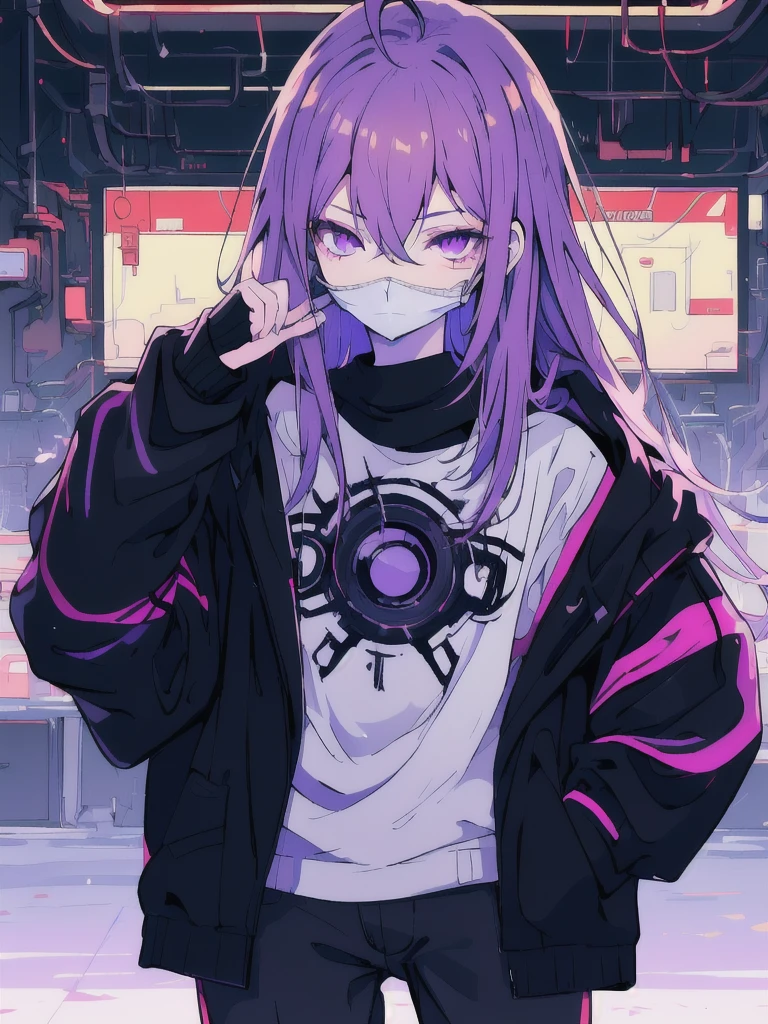 ((masterpiece)), (best quality), ((highres)), 4K, Detailed, (Ambient Light, Digital Art, Soft Lighting, extremely detailed 8K wallpaper:1.2), BREAK 1girl, solo, pale skin, violet eyes, violet hair, ahoge, (absurdly long hair:1.1), flat chest, cyberpunk scenery, black jacket, pants, shirt, night, hand in pocket, looking at viewer, hair between eyes, expressionless, rtx, neon light, black medical mask