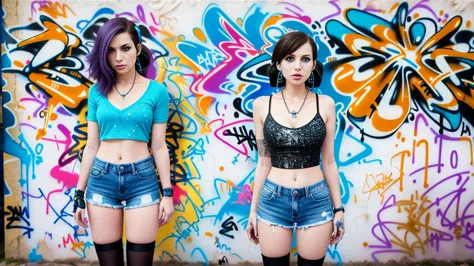 work of art, best qualityer, 1 girl, standing alone, Top cropped com top cropped, Shorts jeans, necklase, (graffit:1.5), ink spa...