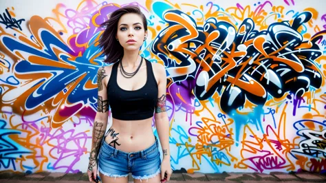 work of art, best qualityer, 1 girl, standing alone, Top cropped com top cropped, Shorts jeans, necklase, (graffit:1.5), ink spa...