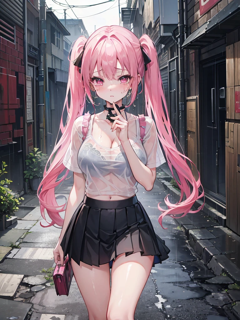 (8K、Top image quality、top-quality、​masterpiece)、A detailed face、1 girl in、A pink-haired、((twintails))、Pink eyes、piercings、cry、((is crying))、large full breasts、white  shirt、((Bra visible through clothes))、((wet clothes))、Black pleated skirt、((a miniskirt))、thighs、cowboy  shot、((POV))、((Rain shakes))、Wet asphalt、((Back alley background at night)), camel toe, กางเกงในสีขาว,