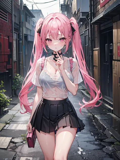 (8k、top image quality、top-quality、​masterpiece)、a detailed face、1 girl in、a pink-haired、((twintails))、pink eyes、piercings、cry、((...