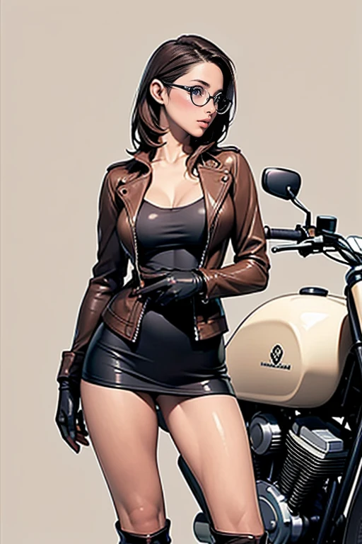 ((Obra de arte,qualidade máxima,alta qualidade)), ((Papel de parede 8K unificado com CG de alta definição)), (enorme foto deslumbrante da deusa, tão quente e sexy, beleza de cair o queixo, Proporções perfeitas, Corpo bonito, beleza corporal esbelta:1.1), (((pele nua com jaqueta de couro:1  .5))), (((Jovem, linda motociclista em pé ao lado de uma motocicleta grande)), ((luvas curtas, botas curtas:1. 5)), usando óculos, 