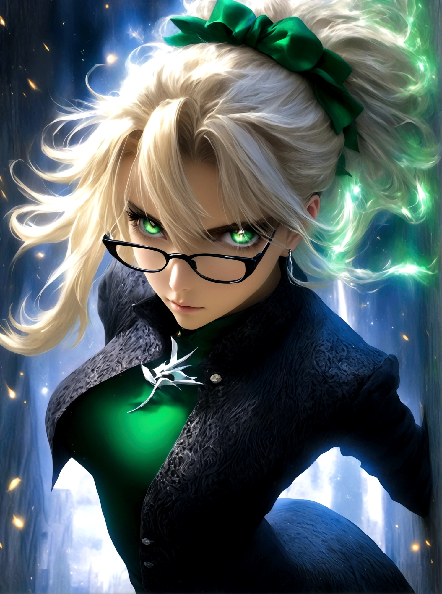 artoria pendragon, Type-Moon, fate/ stay night,floating，comiccore，filigree quasar，super realistic，super detailed wallpaper，8K，Aho，Green eyes，Royal sister，Long blond hair，Wearing silver glasses，Black vest，Delicate and small earrings，Black coat，Exposing belly，Wearing black silk，Long legs，Black shorts，Black high heels，On the Street，Dynamic Angle，Dynamic poses，Best picture quality，Original，high quality， --ar 9:16 --q 5 --niji 5