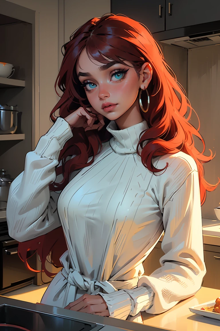 Goddess ((goddess-like woman)), slim, elegant silhouette, masterpiece, (close angle), best quality, cute face, (masterpiece:1,2, best quality), (real picture, intricate details), ( 1 lady, solo, medium , narrow waist, (long hair), a woman with long hair, red hair, long wavy red hair, Bangs, green eyes, she has an impressive presence., bracelet, hoop earrings, jewelry, beautiful face, beautiful eyes, she looks the Looking at viewer, She is wearing a large white blouse under a colorful wool sweater and short sweatpants., pig sweater, Nerdy girl, sweet shy smile, elegant pose, elegant hands, beautiful hands, perfect fingers,, Background: Room, Kitchen,