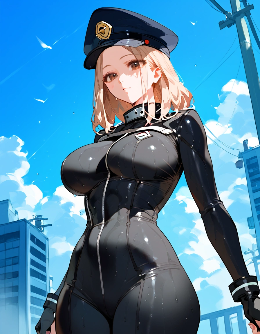 anime artwork, score_9, score_8_up, score_7_up, score_6_up, score_5_up, score_4_up, r,Camie Utsushimi, light brown hair, dark brown eyes,, breasts, , big breasts, , , cap, she is 24 years old, , ,horny, , , , style_3, , outdoors, , catsuit, wet, dark atmoshpere, , gaps in the clouds,r
