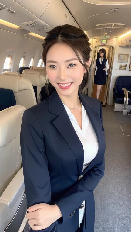 ((top-quality、masutepiece、8K、Top image quality、Hyper-Realism))、((1 female stewardess、walk gracefully down the aisle、cowboy shot、Take a photo of her from the waist up))、((The background is the first class aisle of an airplane.、Christmas decorations on board、Christmas illuminations on board))、((perfect stewardess uniform))、(Exposing the forehead、Chignon)、large full breasts、The Biggest Smile、white big teeth、Perfect makeup、long eyelashes、View me、smile your best smile、perfect anatomia、Bright lighting, hyper realistic, photoreal, wearing a professional and fashionable stewardess dress mix business suit such as for Oscars Award