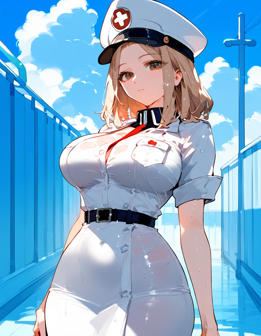 anime artwork, score_9, score_8_up, score_7_up, score_6_up, score_5_up, score_4_up, r,Camie Utsushimi, light brown hair, dark brown eyes,, breasts, , big breasts, , , cap, she is 24 years old, , ,horny, , , , style_3, , outdoors, , , wet, dark atmoshpere, , gaps in the clouds, nurse outfit
