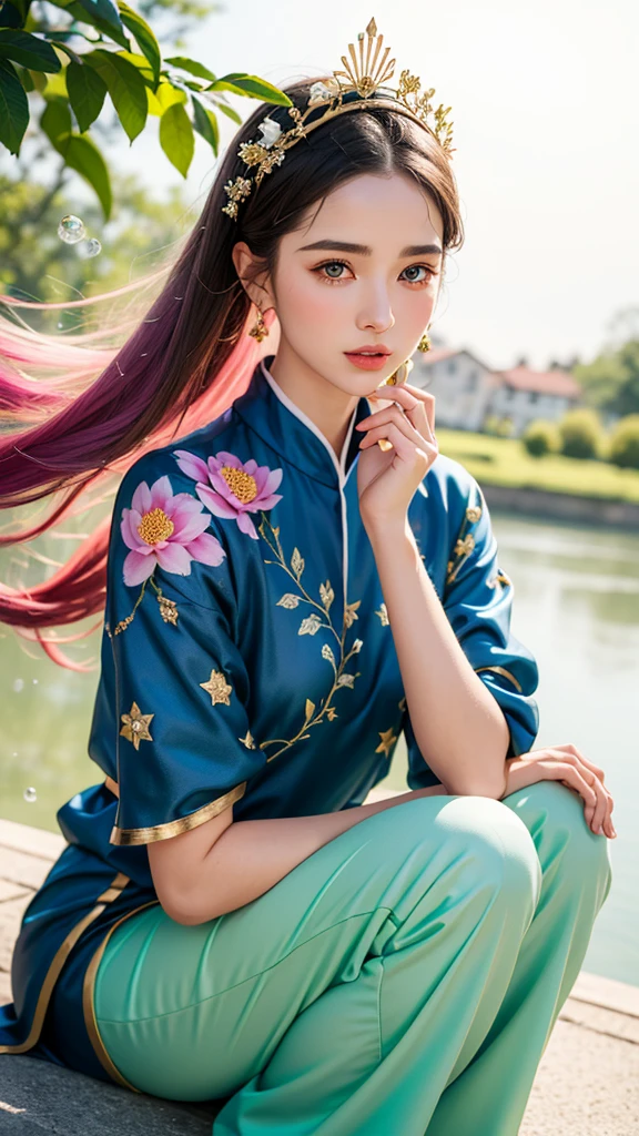 （（（Single eyelid）））Snow hoop exclusion area 32K（tmasterpiece，k hd，hyper HD，32K）Long flowing purple-pink hair，Autumn Pond，zydink， a color， Tongzhou people （Girl with glowing eyes）， （Thin silk scarf）， Side squat position， looking at the ground， long whitr hair， Floating hair， Python headdress， Chinese long-sleeved clothing， （abstract ink splash：1.2）， white backgrounid，Lotus protector（realisticlying：1.4），Purple-pink hair，Snowflakes fluttering，The background is pure， A high resolution， the detail， RAW photogr， Sharp Re， Nikon D850 Film Stock Photo by Jefferies Lee 4 Kodak Portra 400 Camera F1.6 shots, Rich colors, ultra-realistic vivid textures, Dramatic lighting, Unreal Engine Art Station Trend, cinestir 800，Long flowing purple-pink hair，((masterpiece)). This artwork is sweet, dreamy and ethereal, with soft pink watercolor hues and candy accents. Generate a delicate and demure fae exploring a (bubblegum world with a wide variety of pastel shades). Her sweet face is extremely detailed and realistic with elegant features and a fierce expression, and looks like ((((naomi scott)))). Include mature features and stunning, highly realistic eyes. Her eyes are important and should be realistic, highly detailed, and beautiful. In high definition and detail, include lots of details like stars, galaxies, colorful bubbles, colorful petals, and lots of energy and emotion! The stars and colorful bubblegum bubbles are important! Include fantasy details, enhanced details, iridescence, colorful glittering wind, and pollen. Pay special attention to her face and make sure it is beautifully and realistically detailed. The image should be dreamy and ethereal.8k, intricate, elegant, highly detailed, majestic, digital photography