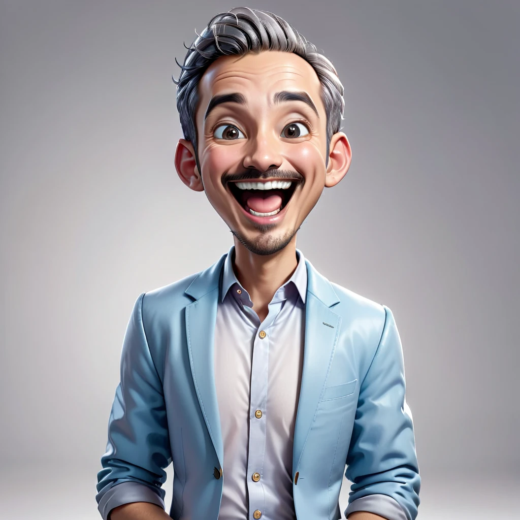 Create a realistic full body 4D cartoon character with a big head, an 30 year old indonesian man with a happy and cheerful expression. Mouth wide open, He has a bald head with wavy gray hair on the sides, big ears, bushy eyebrows and a prominent mustache. He wearing a light blue blazer over a white shirt. The illustration should emphasize his wide, happy smile and friendly demeanor.