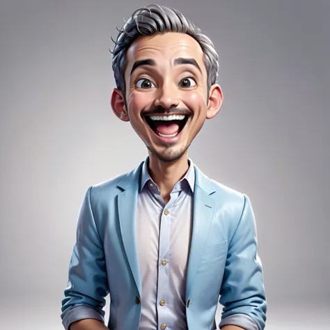 Create a realistic full body 4D cartoon character with a big head, an 30 year old indonesian man with a happy and cheerful expre...