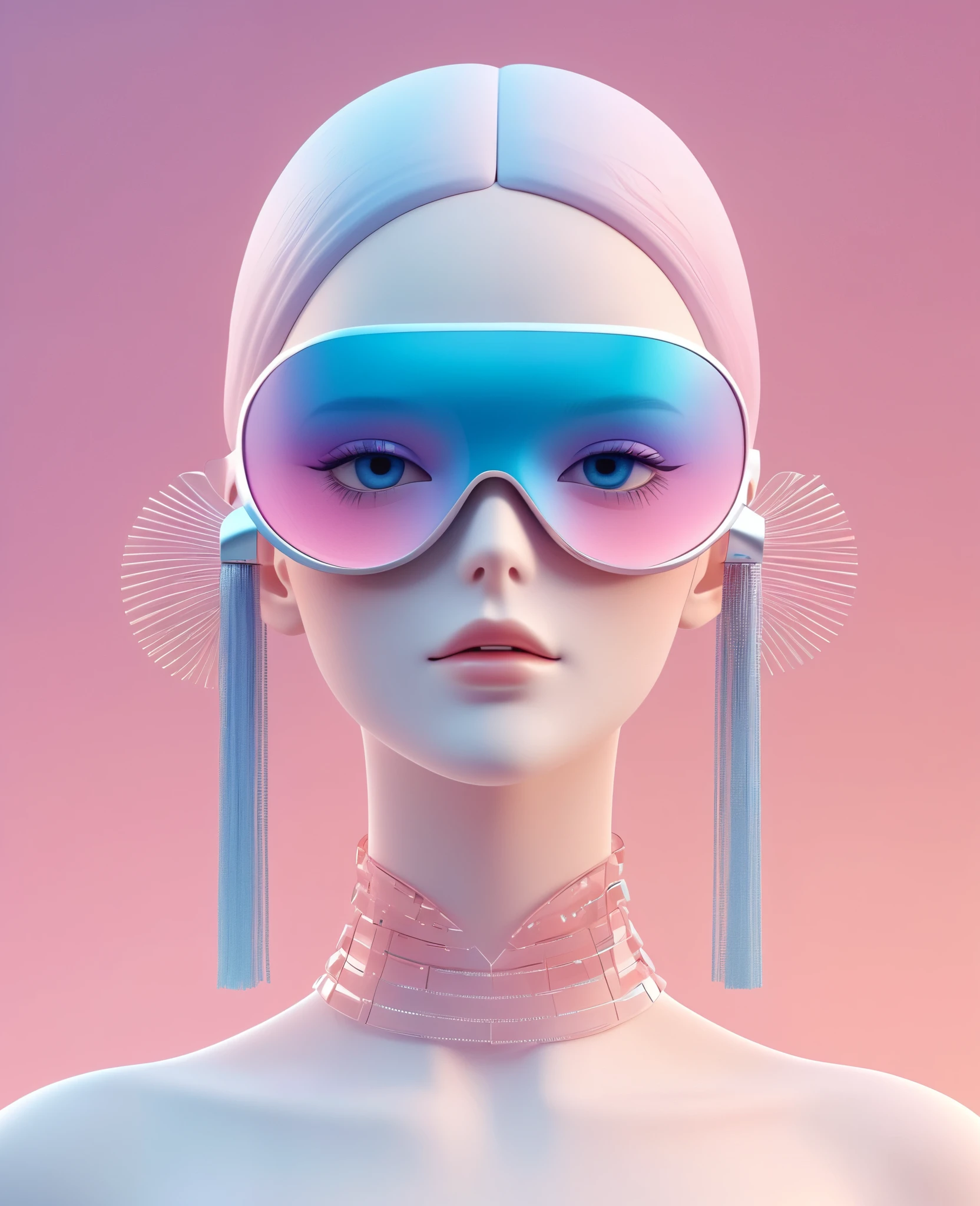 Ilustração 3D da parte superior do corpo e rosto de um modelo de inteligência artificial usando uma máscara de olhos futurista, Óculos elegantes com borlas，fundo gradiente, paleta de cores pastel, rosa azul, simplicidade, Superfície de plástico fosco, Surrealismo,