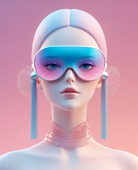 3D illustration of the upper body and face of an artificial intelligence model wearing a futuristic eye mask, Stylish glasses wi...