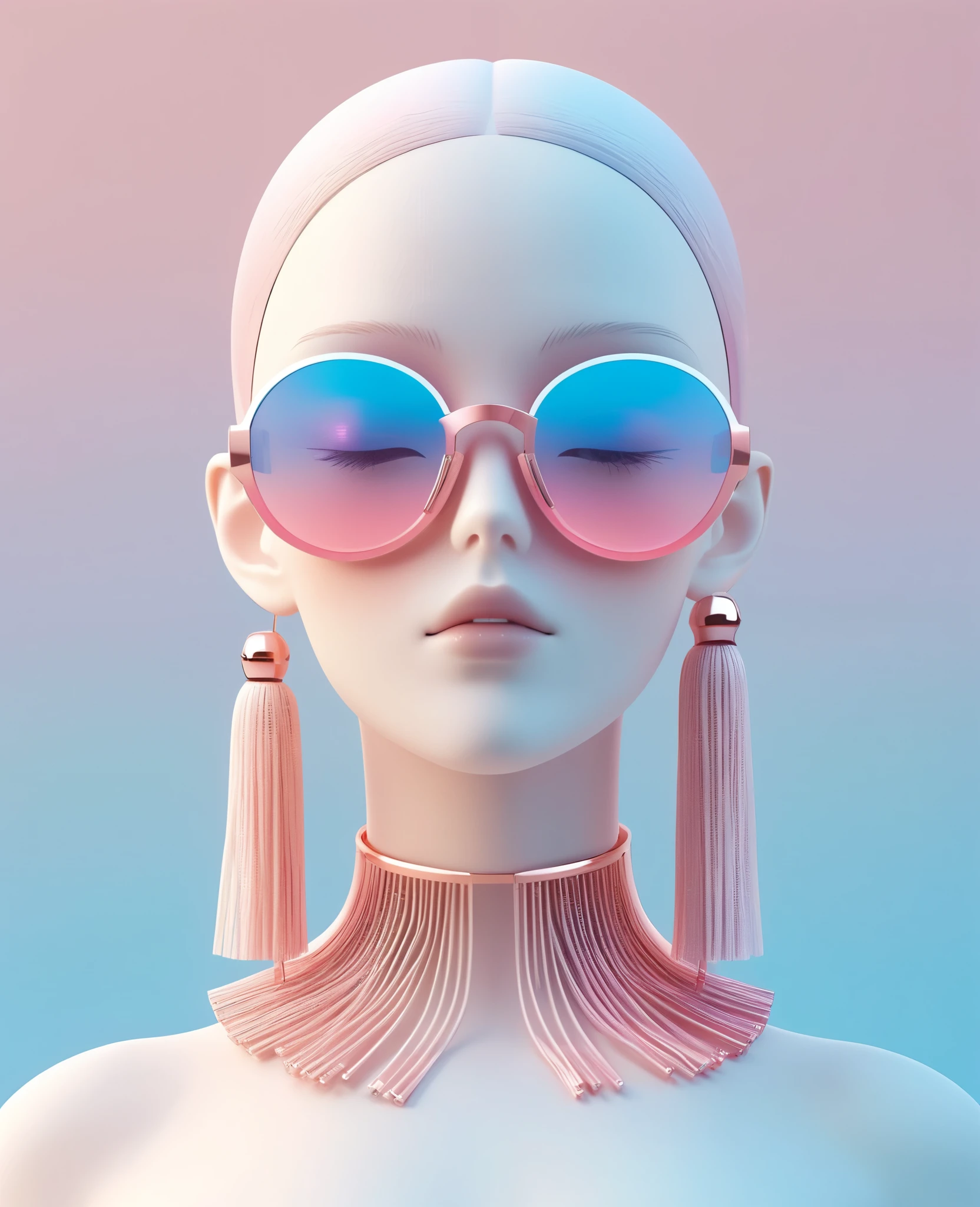 3D illustration of upper body and face of artificial intelligence model wearing futuristic glasses, Stylish glasses with tassels，Gradient background, Pastel color palette, pink blue, Simplicity, cold metallic textures, Surrealism,