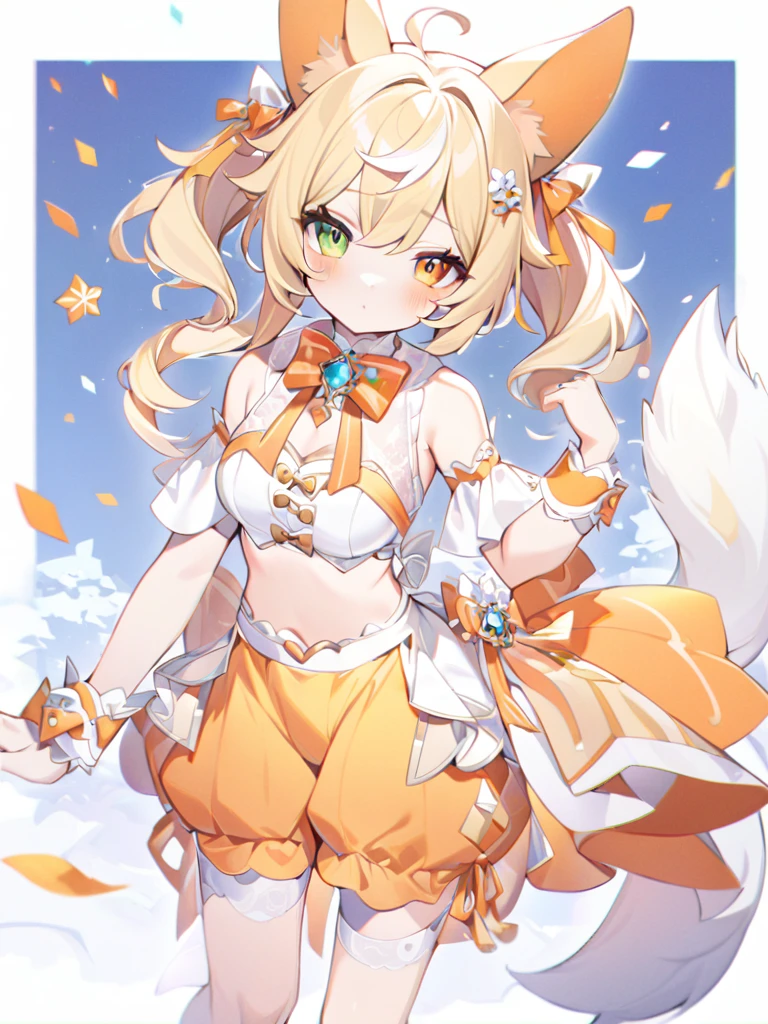 1girl, animal ears, bangs, bare shoulders, blonde hair, blush, bow, breasts, white cleavage, cropped torso, , green eyes, hair ribbon, heterochromia,  stlooking at viewer, , orange bow, orange eyes, orange ribbon, ears like an unearthly animal, fluffy tail, light tail, real tail, ribbon, solo, stuffed animal, stuffed bunny, stuffed toy, twintails, upper body, full-length, white legbands, white shoes with lace and white bows, white background, wrist cuffs, yellow eyes, bloomers, close-up, fair skin frills, lace, midriff, skirt, solo, , white background,shorts, white top with ribbon and lace and trousers,trousers, genshin,white slippers with a bow,All clothes are white, laceAt full height, it stands, в полный рост