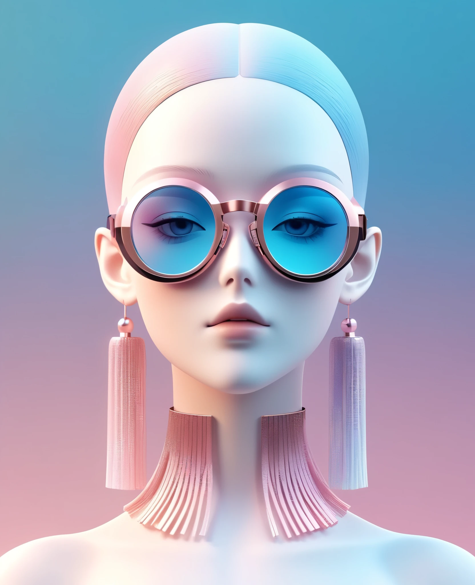 Ilustração 3D da parte superior do corpo e do rosto do modelo de inteligência artificial usando óculos futuristas, Óculos elegantes com borlas，fundo gradiente, paleta de cores pastel, rosa azul, simplicidade, texturas metálicas frias, Surrealismo,