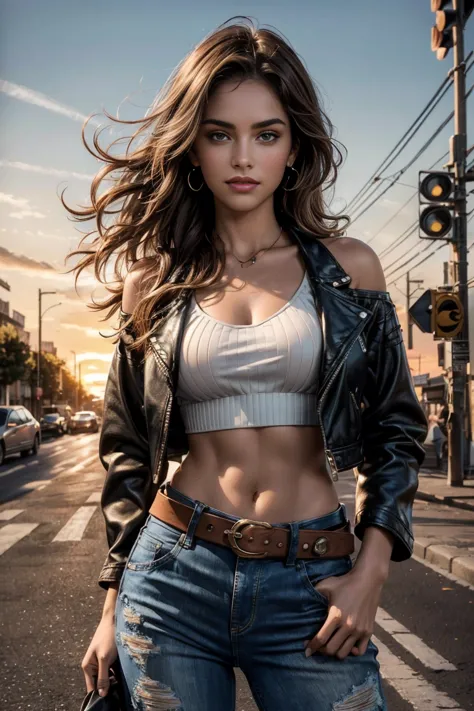 Foreground: a gorgeous young 16 years old girl n wavy hair in the wind. she's a men magazine model, She has a subtle smile and f...