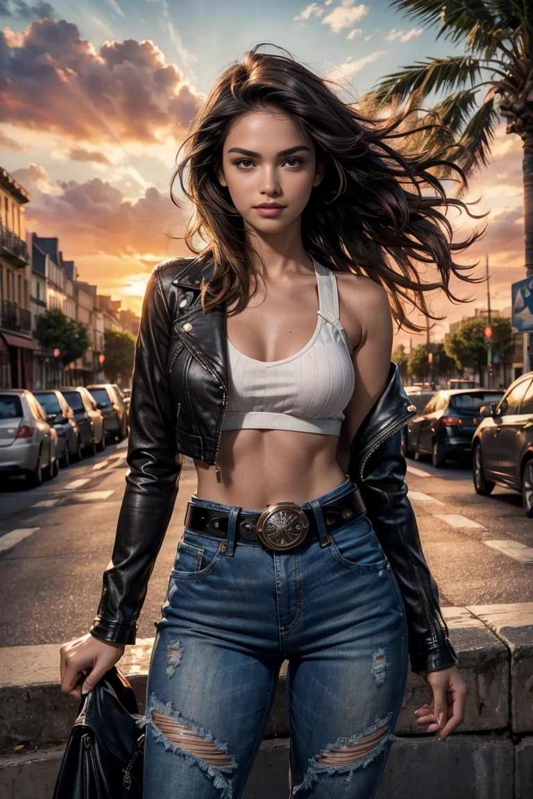 Foreground: a gorgeous young 16 years old girl n wavy hair in the wind. she's a men magazine model, She has a subtle smile and flirts with the camera, (she wears crop denim moto jacket, casual ribbed white tanktop and leather cargopants with big belt:1.2), background posing in Paris, red light district Paris, green trees, beautiful flowers, ((sunset:1.3)), (perfect brown eyes:1.21), perfect hands, perfect body, perfect hair, perfect breast, hair behind ear, happy attitude, UHD, retina, masterpiece, accurate, anatomically correct, textured skin, super detail, high details, high quality, award winning, best quality, highres, 16k, 8k,