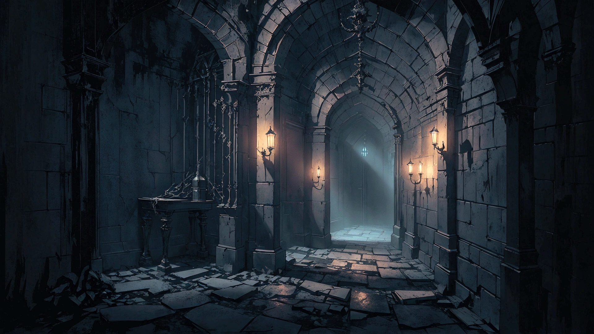 there is a dark hallway with a cage in the middle, photorealistic dark concept art, detailed textures and lighting, beautiful and cinematic lighting, detailed lighting and textures, old gothic crypt, unreal engine render concept art, dark cinematic lighting, moody cinematic lighting, detailed cinematic lighting, cinematic atmospheric lighting, dark fantasy environment, dungeon background, might cinematic lighting