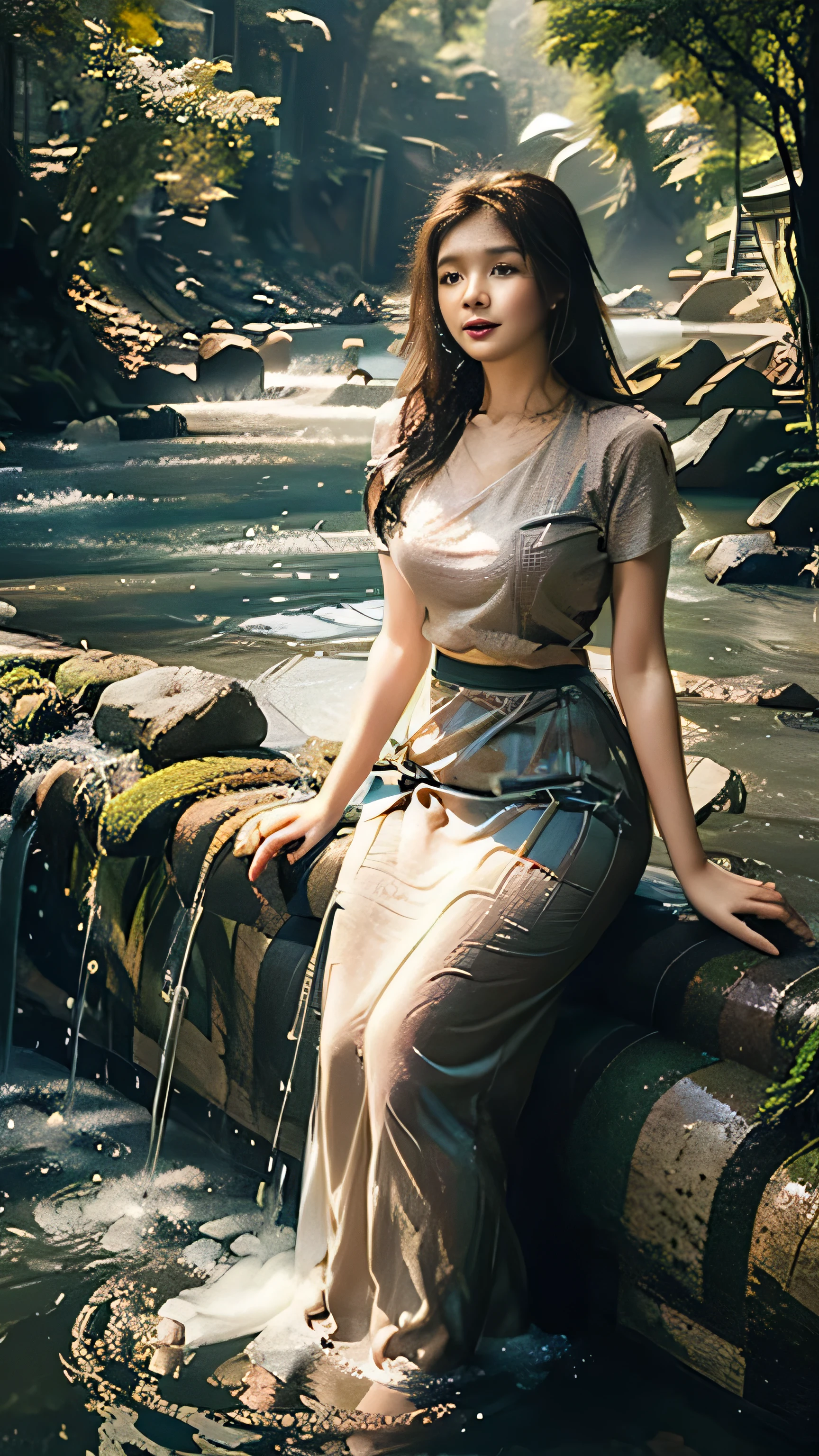 no upper floor;  A beautiful Burmese woman in a long skirt takes a relaxing bath by the river.  I took a shower and my whole body was wet. No top, but my breasts were covered with a long skirt