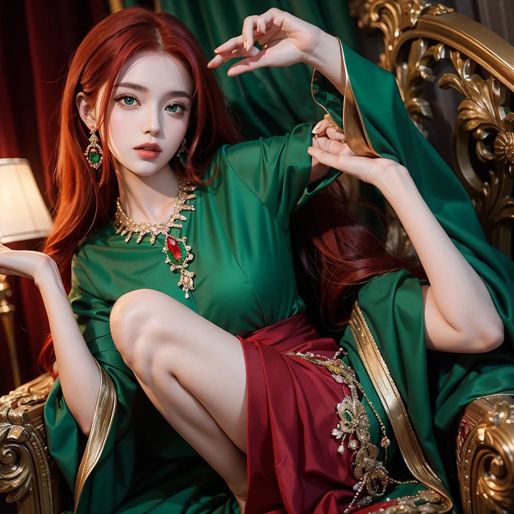 Girl with red hair and emerald green dress with many jewels and with red magic in her hands